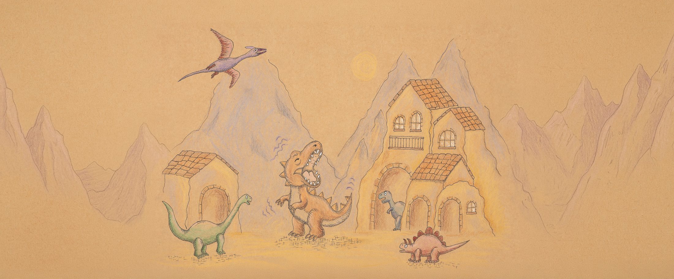 Spike's world, a warm prehistoric landscape at golden hour
