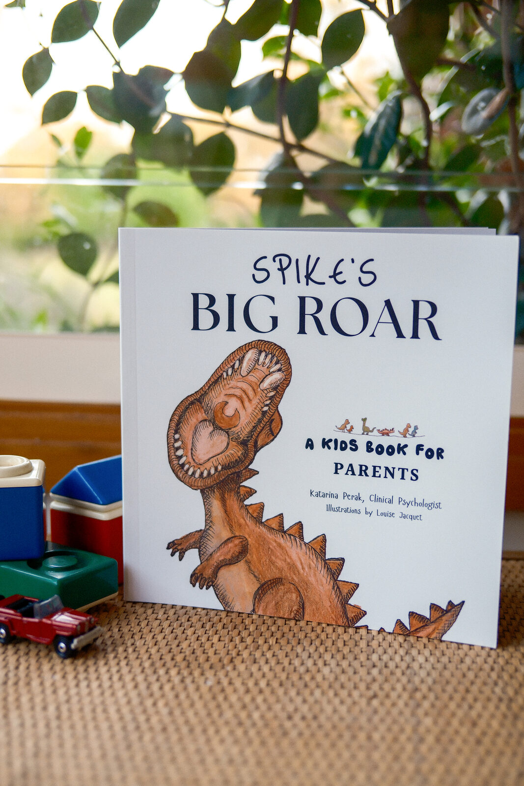 Spike's Big Roar picture book standing on a table by a window